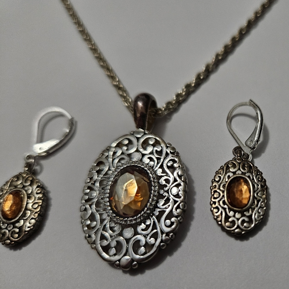 Necklace Pendant Set with Orange Gemstone and Matching Earrings